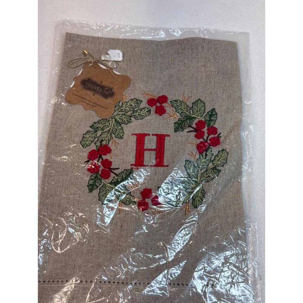 Mud Pie set of 2 initial H embroidered Christmas holly wreath French knot towel - Picture 7 of 9
